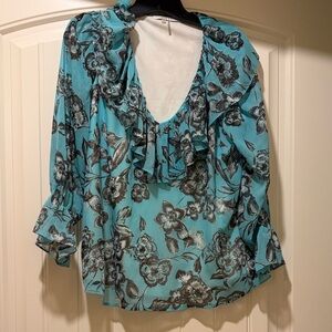 Sioni Floral Ruffle Blouse - Teal and Black